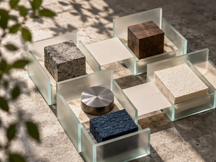 不同质地的实体样品被磨砂玻璃框架分别承接,纸张连接各模块,表达不同事项分别准备