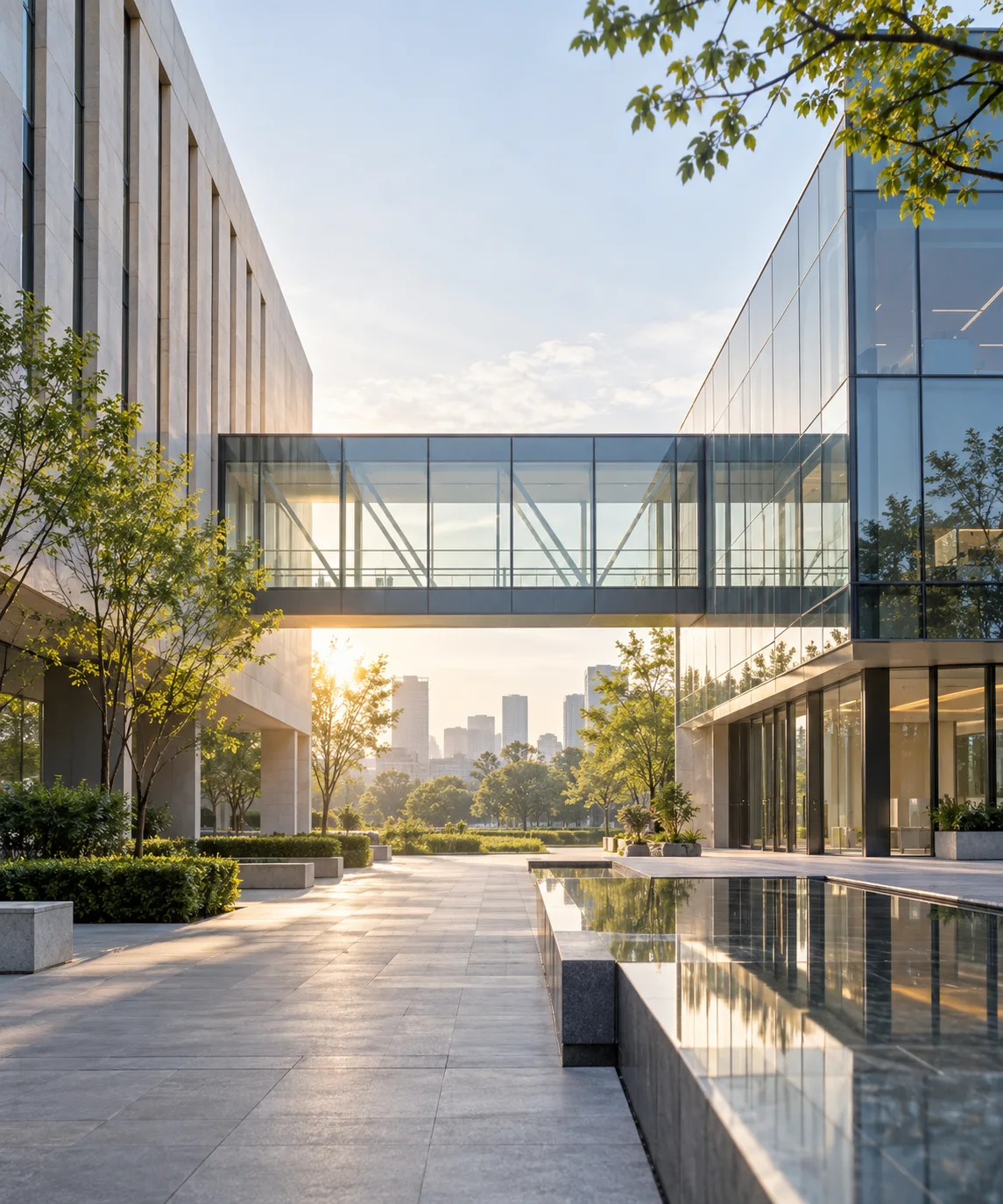 两翼不同材质的建筑通过通透廊桥相连，体量真实克制，以空间关系表达调整与协同