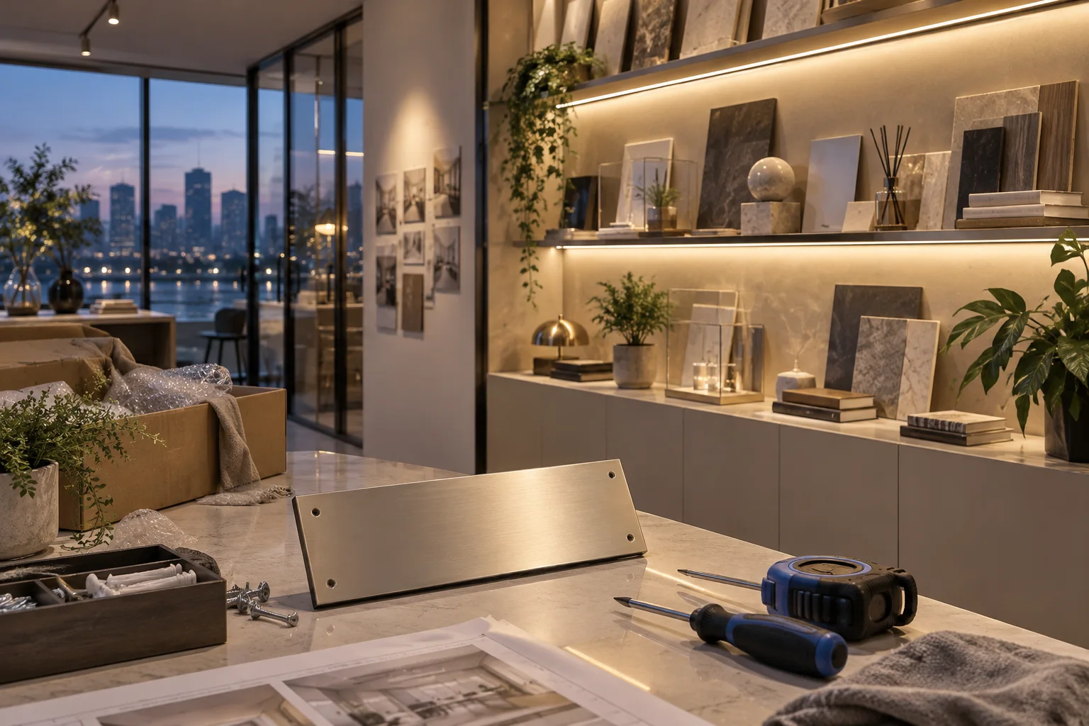 新工作室的样品展示墙刚布置好,未安装的空白门牌与工具放在前景,表达搬迁更新