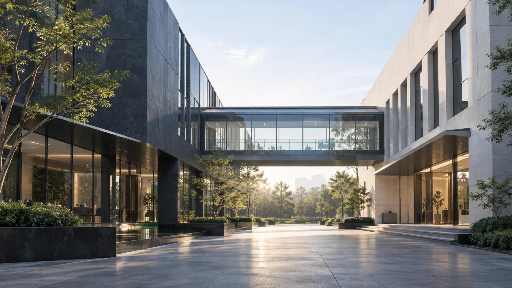 两翼不同材质的建筑通过通透廊桥相连,体量真实克制,以空间关系表达调整与协同