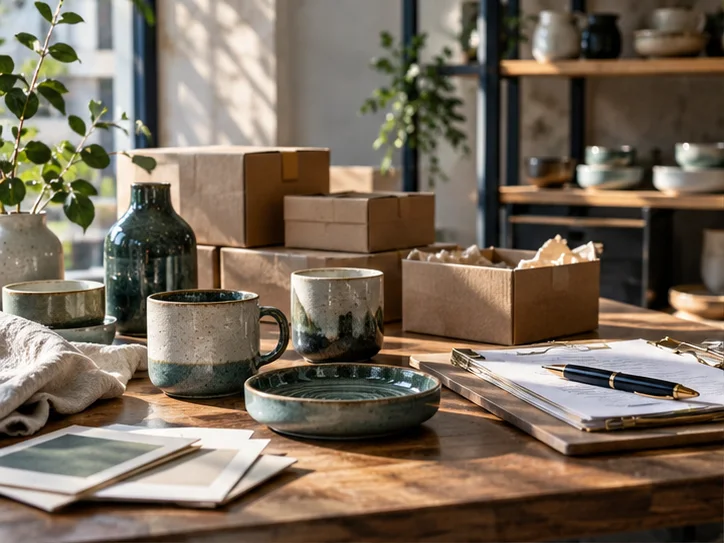 产品设计工作室的陶瓷和包装样品,旁边只有少量业务记录,账务支持产品经营的关系明确