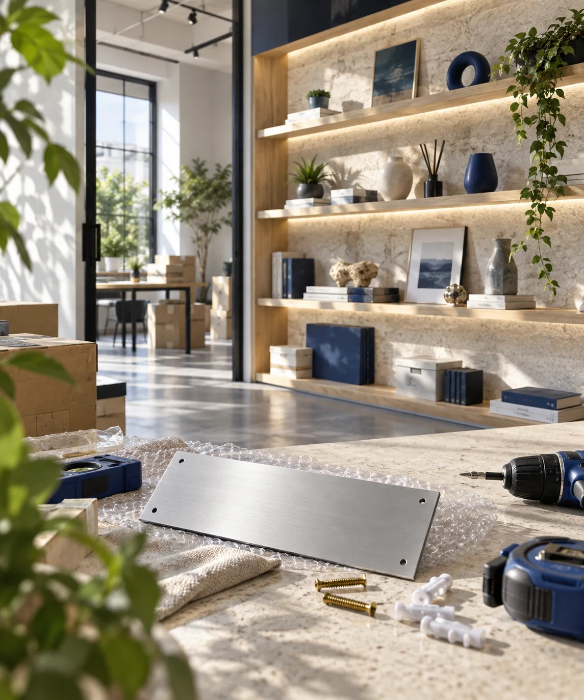 新工作室的样品展示墙刚布置好，未安装的空白门牌与工具放在前景，表达搬迁更新