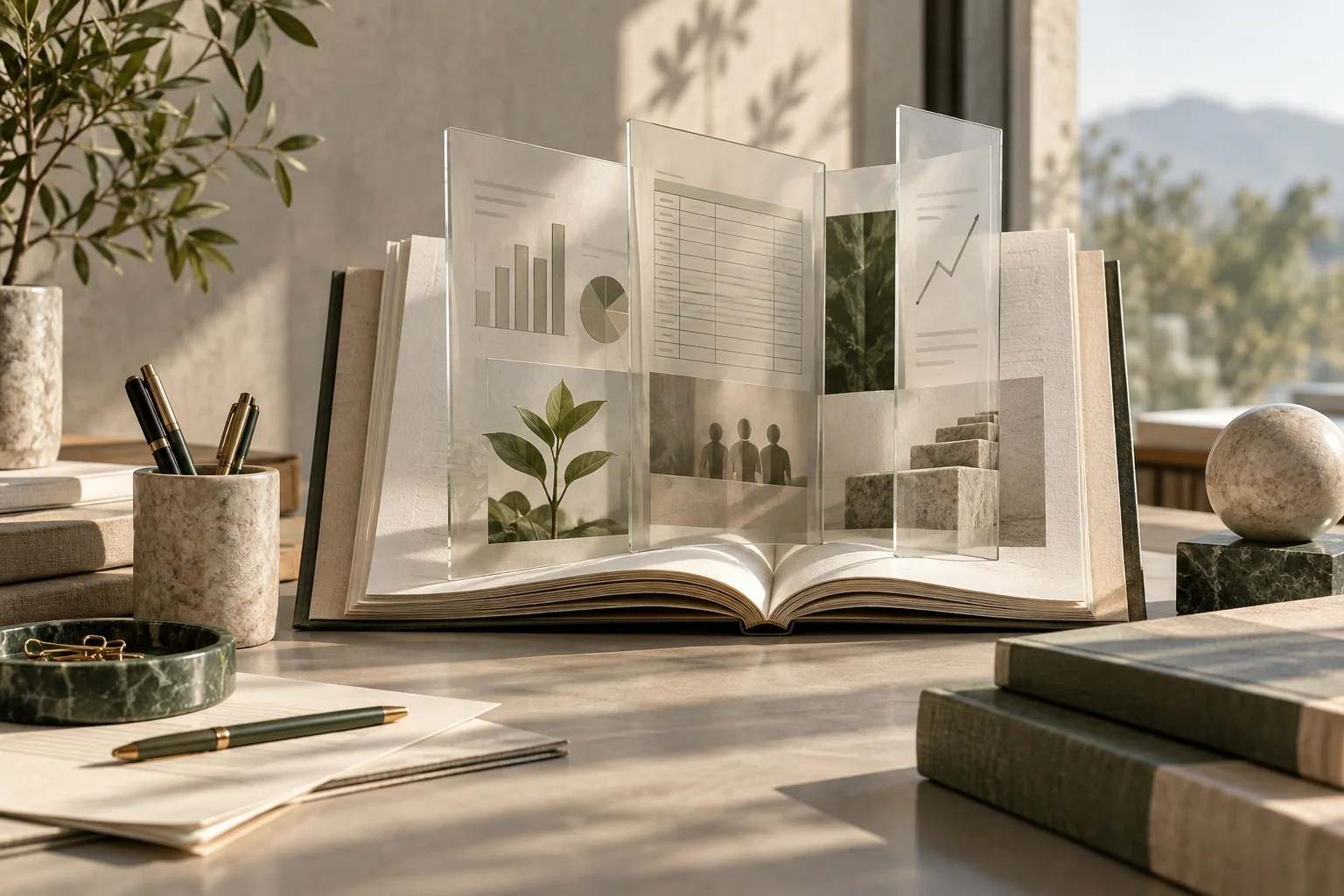 开放的书册和透明隔页被雕塑式布置成一个简洁的经营档案场景,精美但不夸张