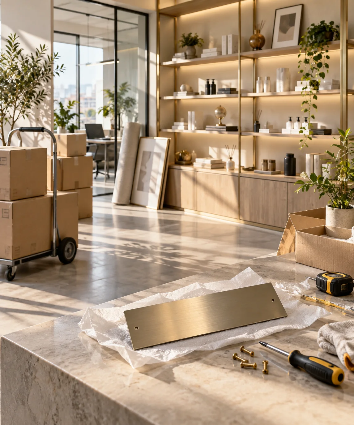 新工作室的样品展示墙刚布置好,未安装的空白门牌与工具放在前景,表达搬迁更新
