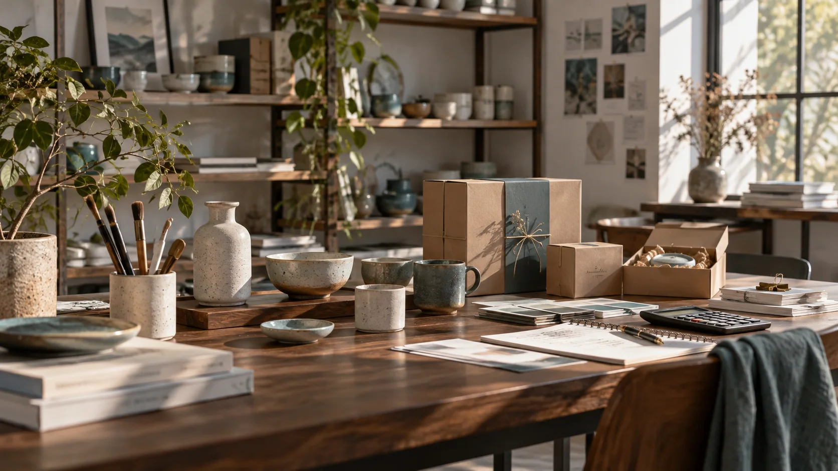 产品设计工作室的陶瓷和包装样品,旁边只有少量业务记录,账务支持产品经营的关系明确
