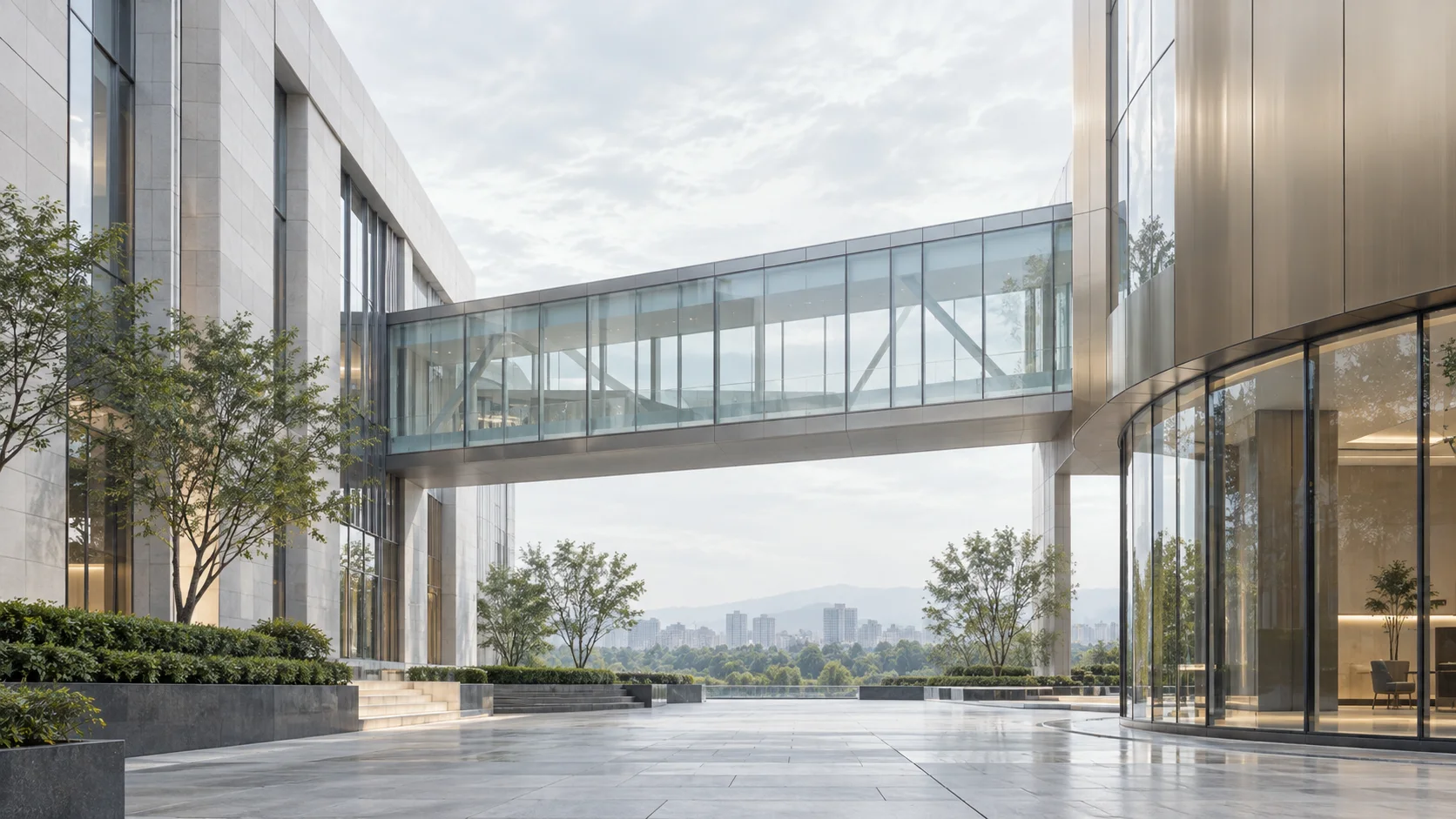 两翼不同材质的建筑通过通透廊桥相连,体量真实克制,以空间关系表达调整与协同