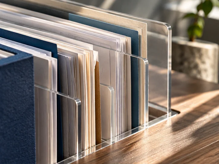 透明档案隔板、整理好的凭证边缘与细窄反光，突出记录清楚可查