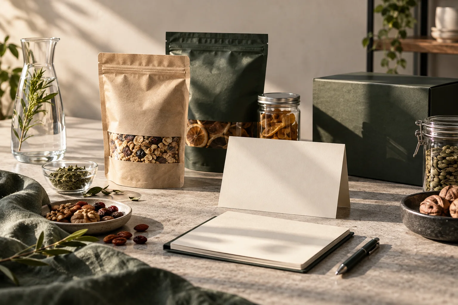 食品包装样品、干净玻璃器皿和无字准备记录卡,形成经营筹备的实物构图