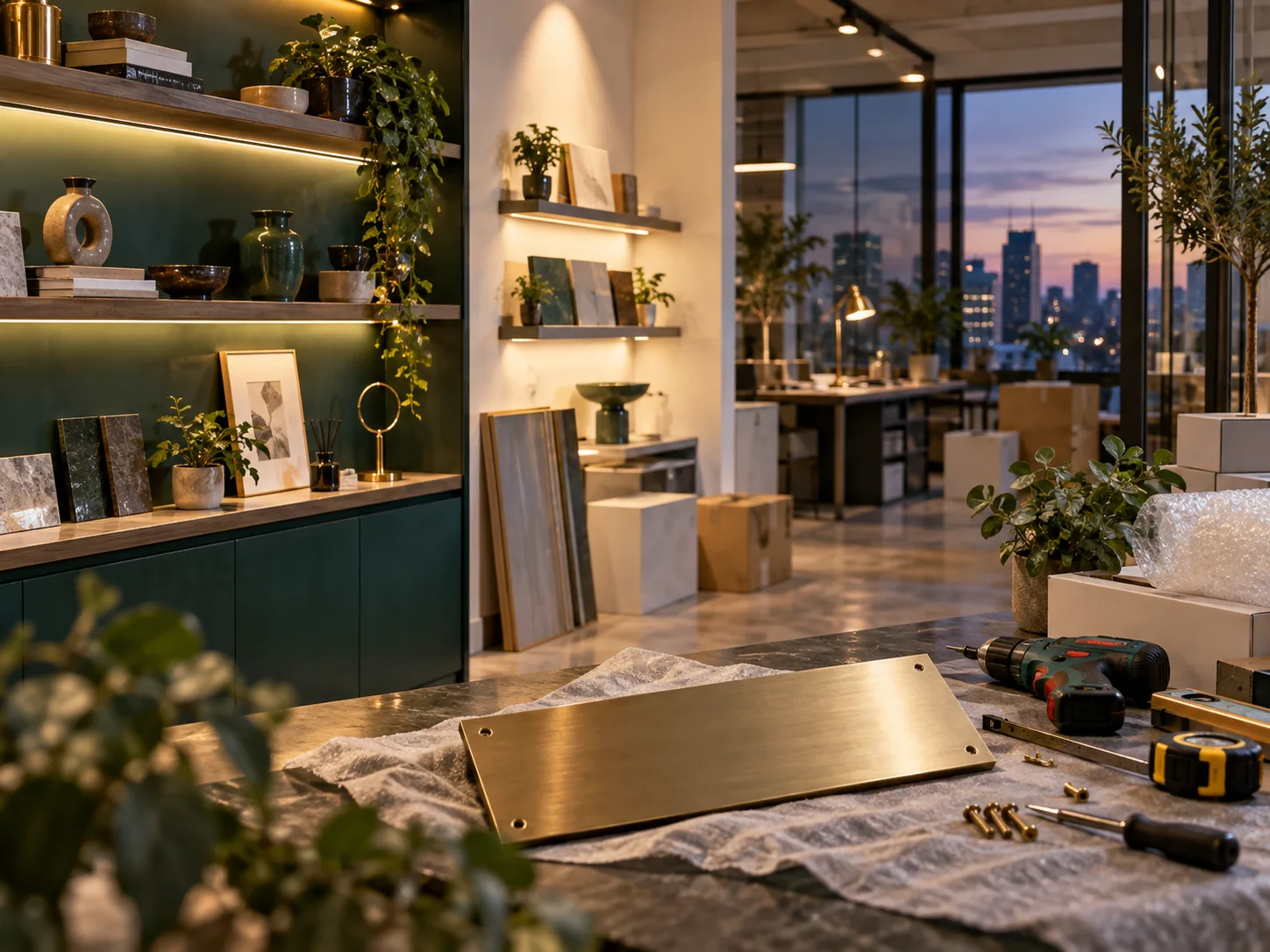 新工作室的样品展示墙刚布置好，未安装的空白门牌与工具放在前景，表达搬迁更新
