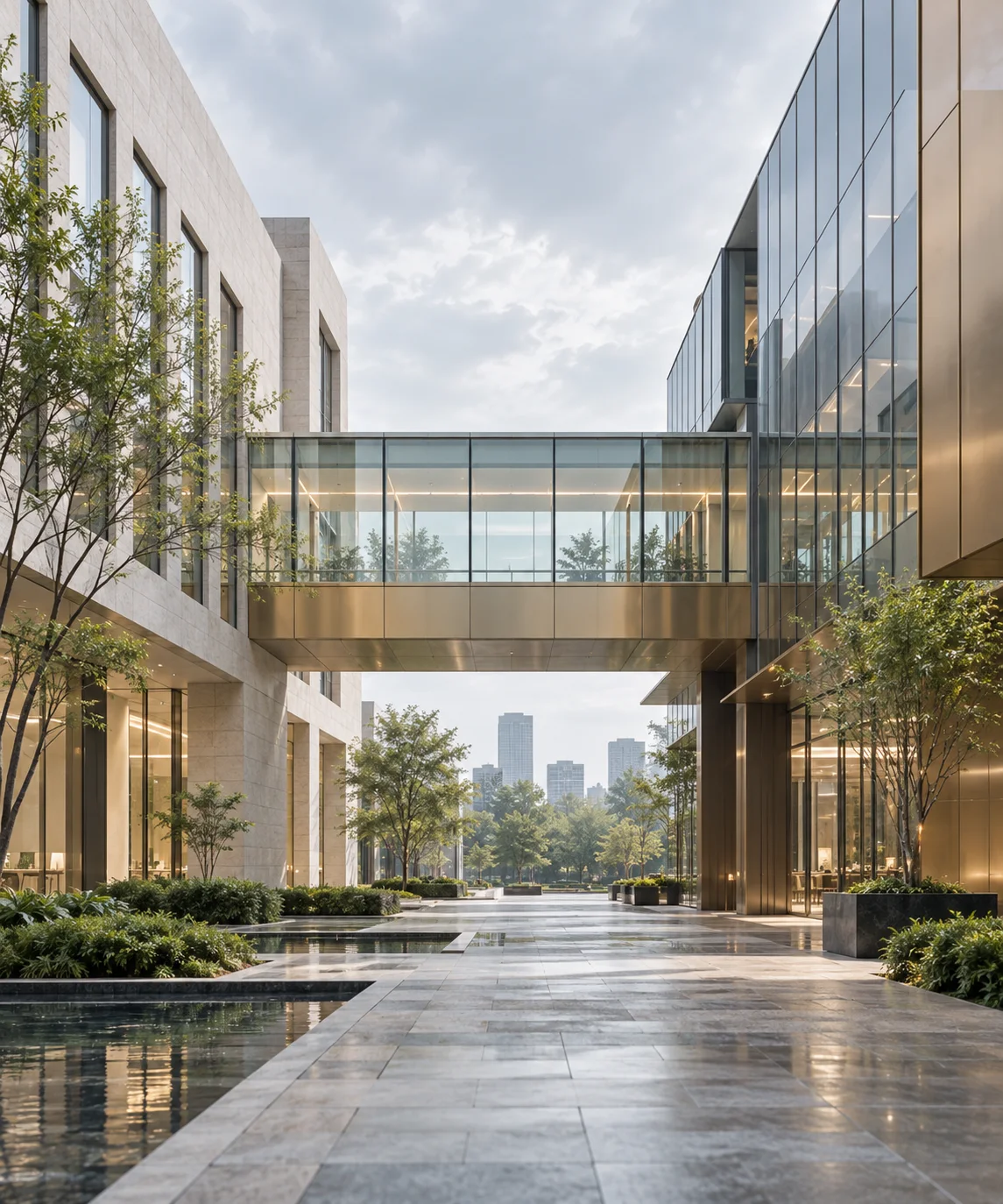 两翼不同材质的建筑通过通透廊桥相连,体量真实克制,以空间关系表达调整与协同