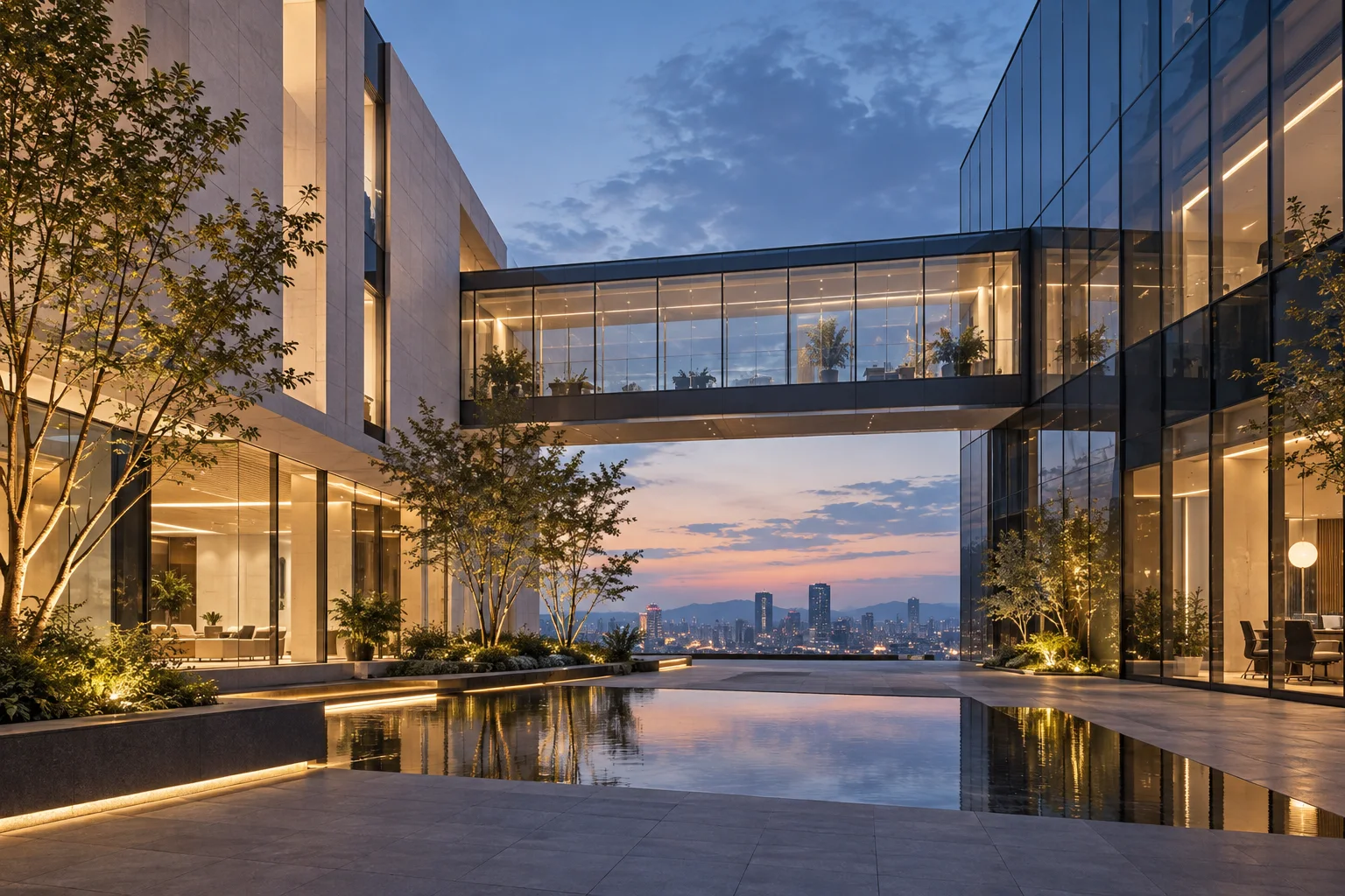 两翼不同材质的建筑通过通透廊桥相连,体量真实克制,以空间关系表达调整与协同