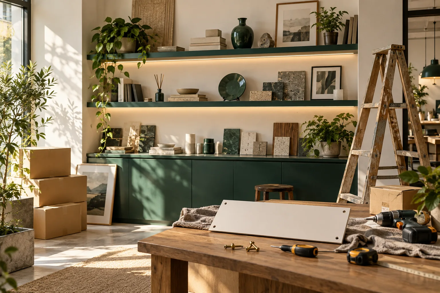新工作室的样品展示墙刚布置好,未安装的空白门牌与工具放在前景,表达搬迁更新