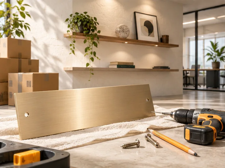 新工作室的样品展示墙刚布置好，未安装的空白门牌与工具放在前景，表达搬迁更新