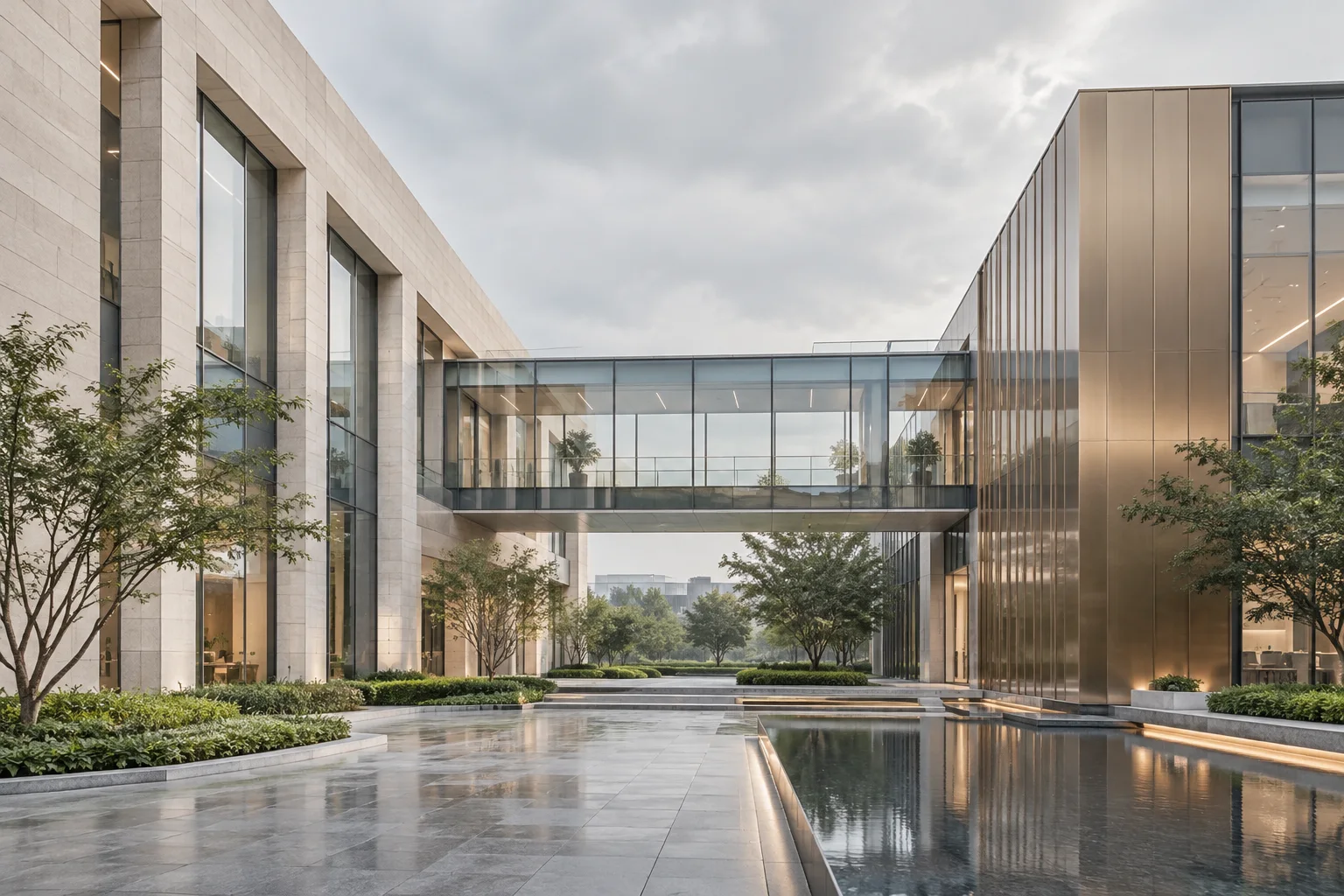 两翼不同材质的建筑通过通透廊桥相连，体量真实克制，以空间关系表达调整与协同