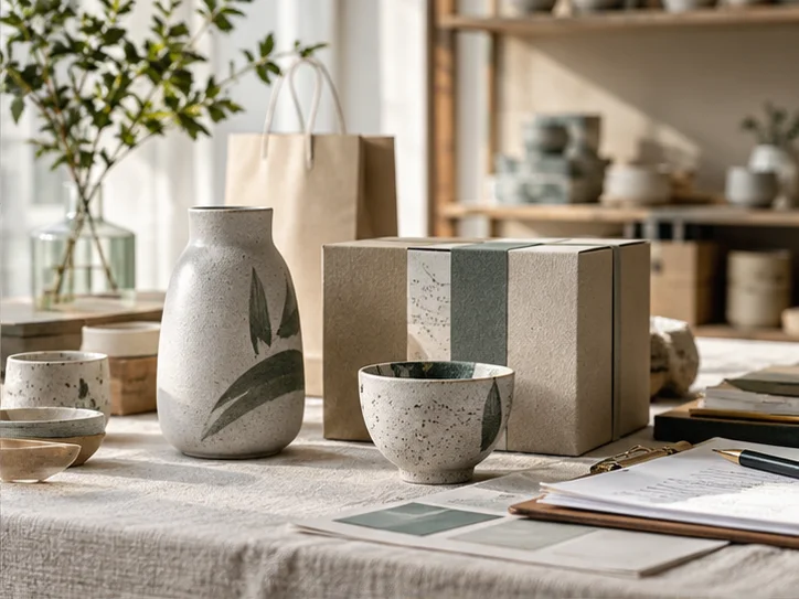 产品设计工作室的陶瓷和包装样品，旁边只有少量业务记录，账务支持产品经营的关系明确