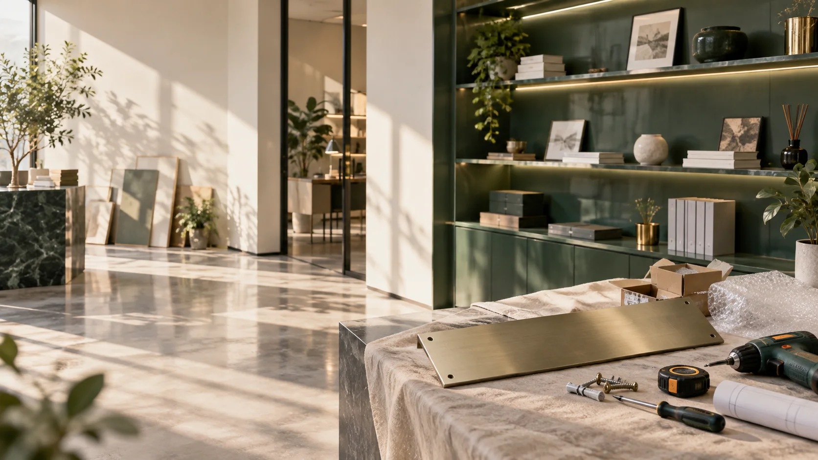 新工作室的样品展示墙刚布置好,未安装的空白门牌与工具放在前景,表达搬迁更新