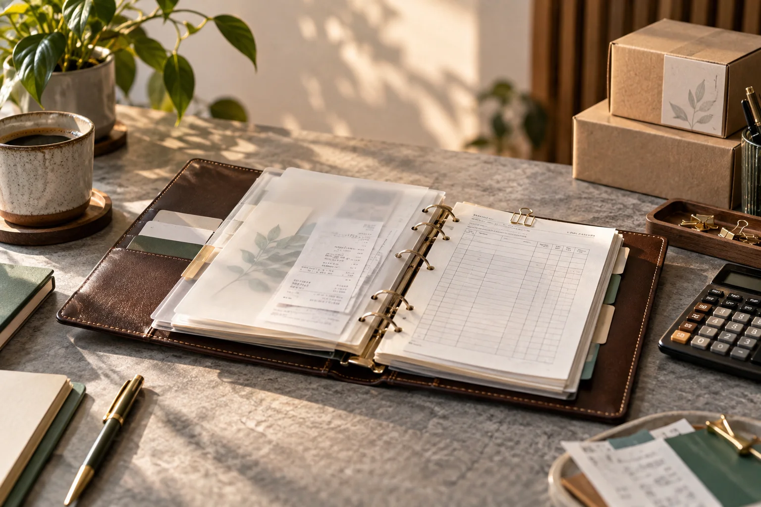 皮革册页、半透明凭证隔页和少量实物产品标签，表现业务记录与核算之间的联系