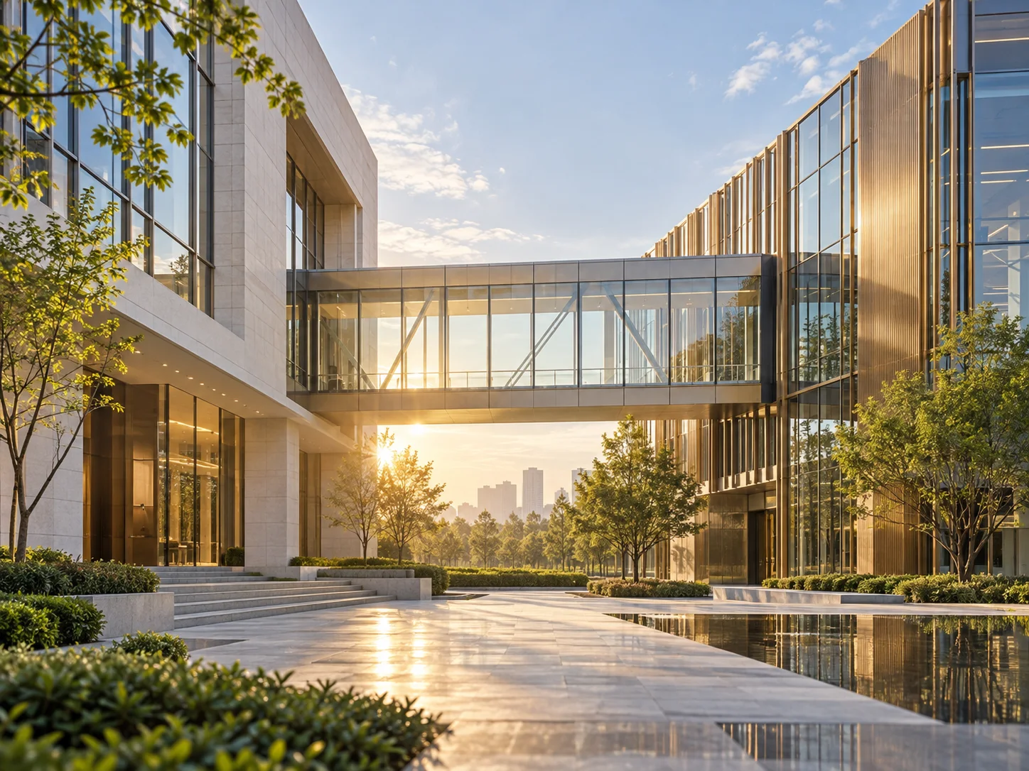 两翼不同材质的建筑通过通透廊桥相连,体量真实克制,以空间关系表达调整与协同
