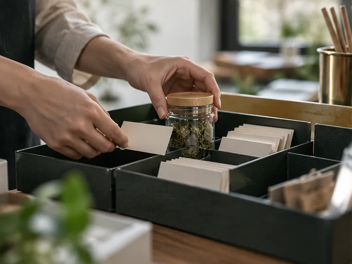 一双手把产品样品与相关无字记录卡对应放入资料托盘