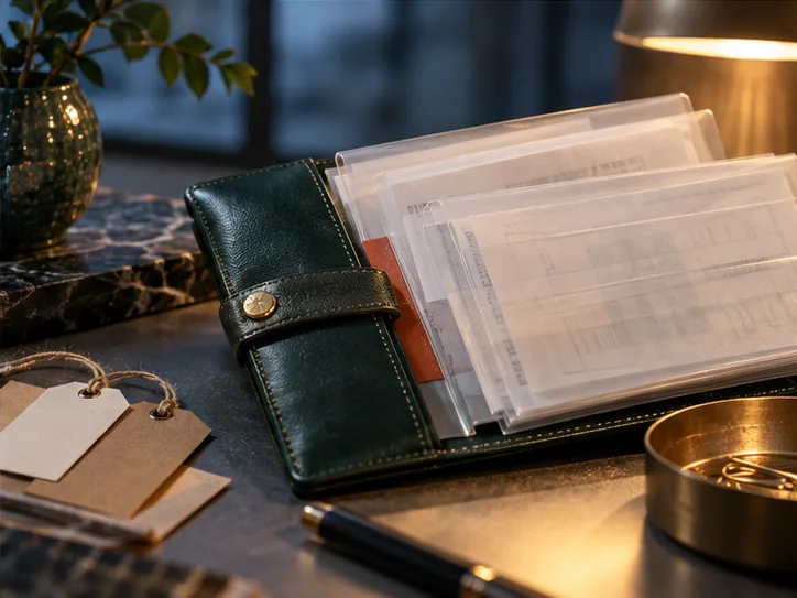 皮革册页、半透明凭证隔页和少量实物产品标签,表现业务记录与核算之间的联系