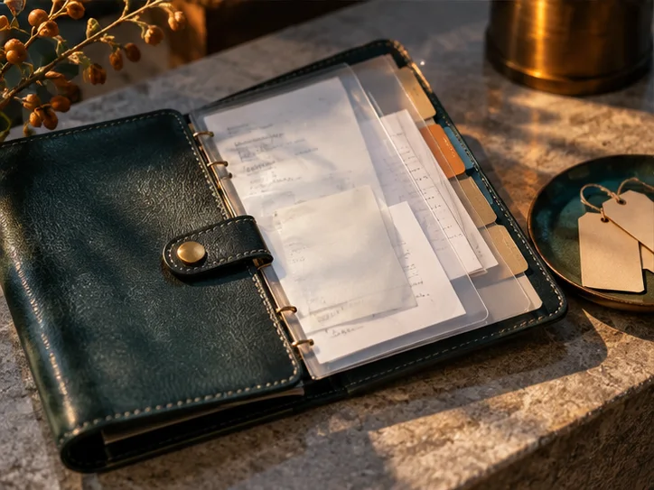 皮革册页、半透明凭证隔页和少量实物产品标签，表现业务记录与核算之间的联系