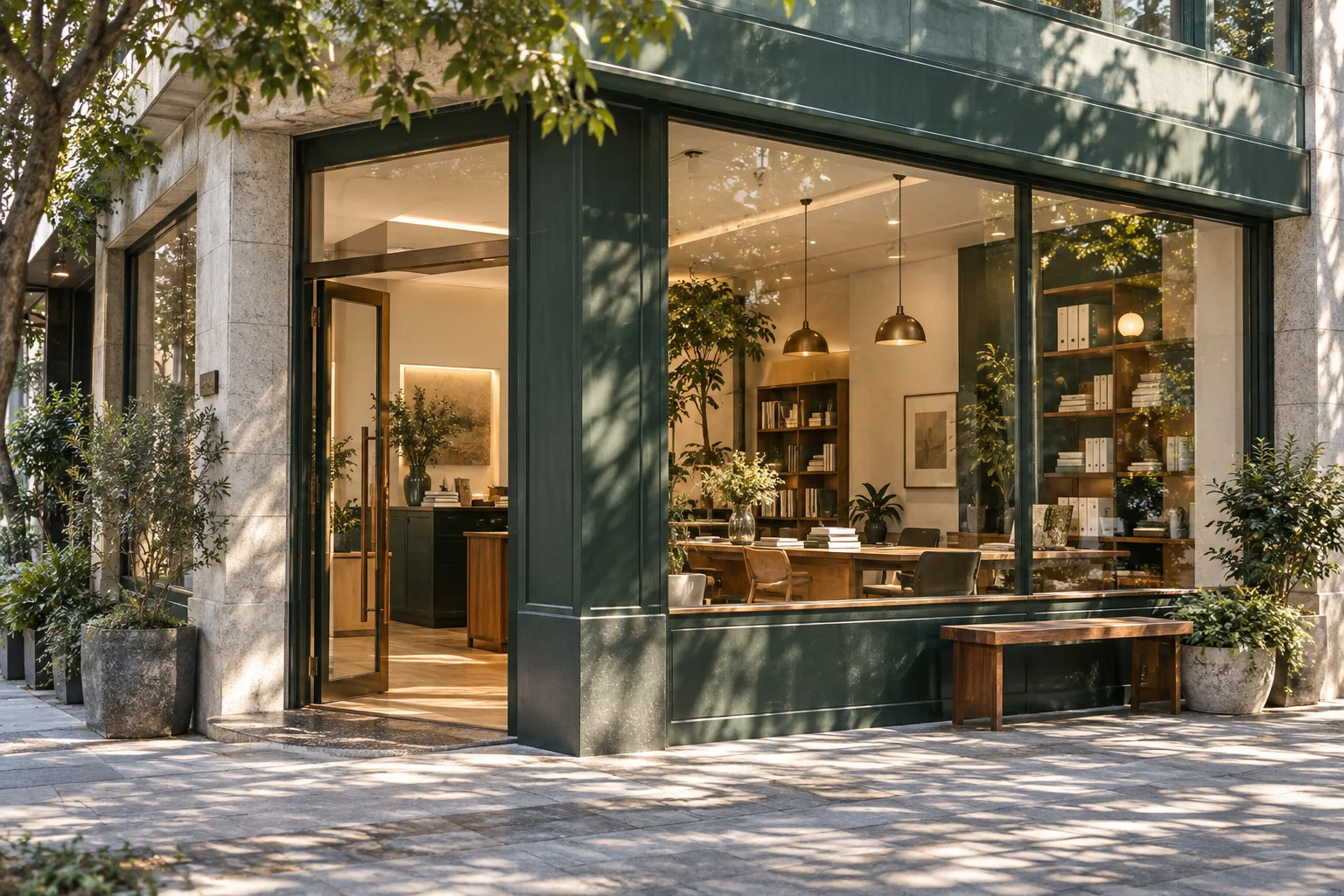 通透的现代街角独立店铺,石材门廊框住温暖的陈列空间,经营日常已从容展开