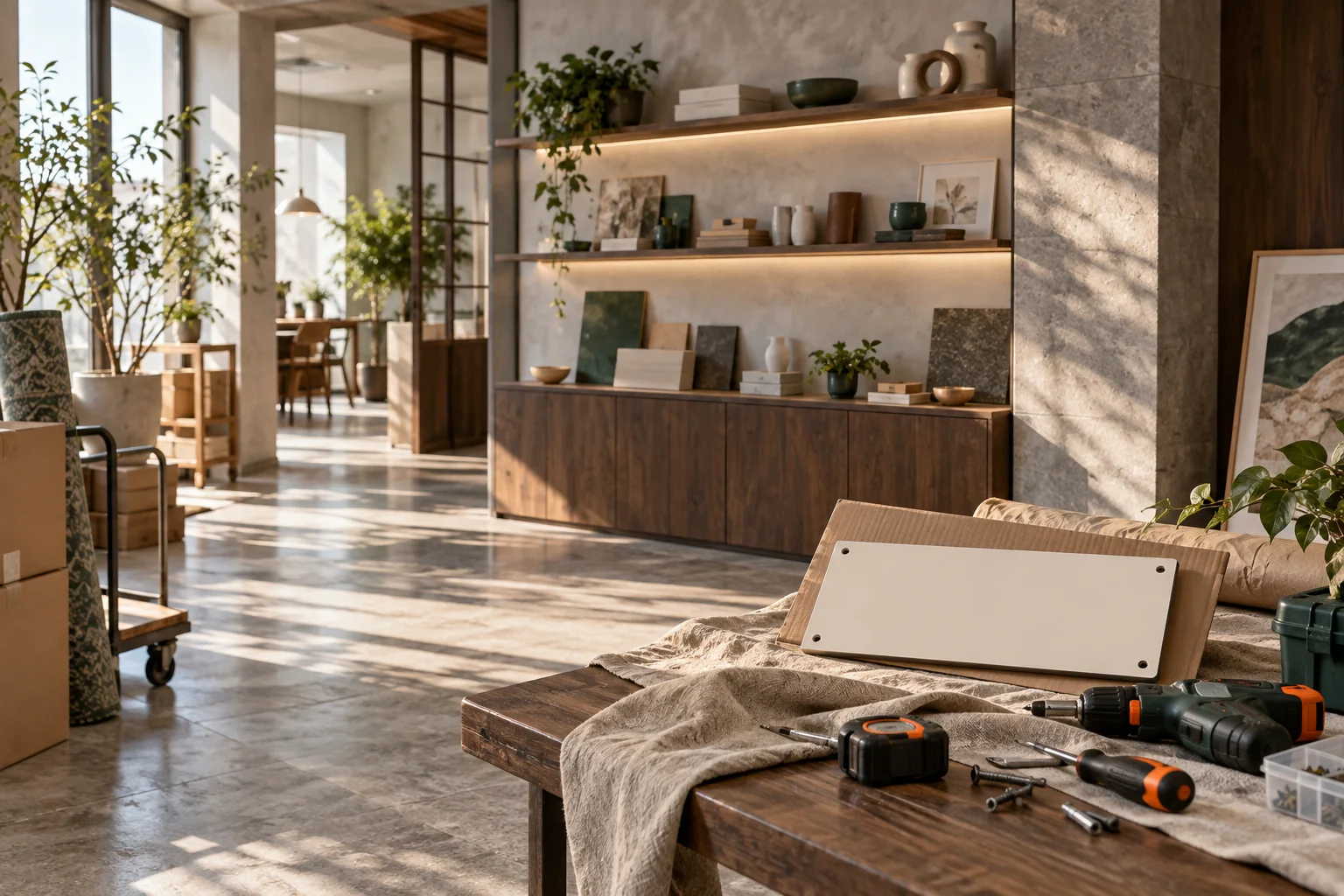 新工作室的样品展示墙刚布置好，未安装的空白门牌与工具放在前景，表达搬迁更新