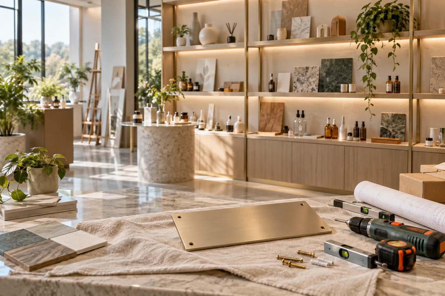 新工作室的样品展示墙刚布置好，未安装的空白门牌与工具放在前景，表达搬迁更新
