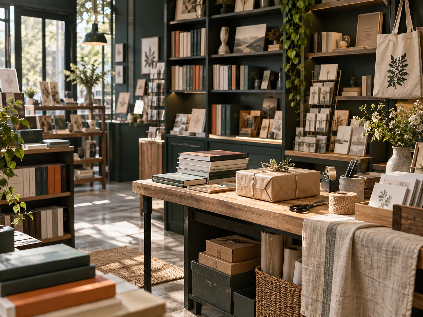 小型图书与文创门店的货架和包装区，书脊无可读文字，表现经营条件准备