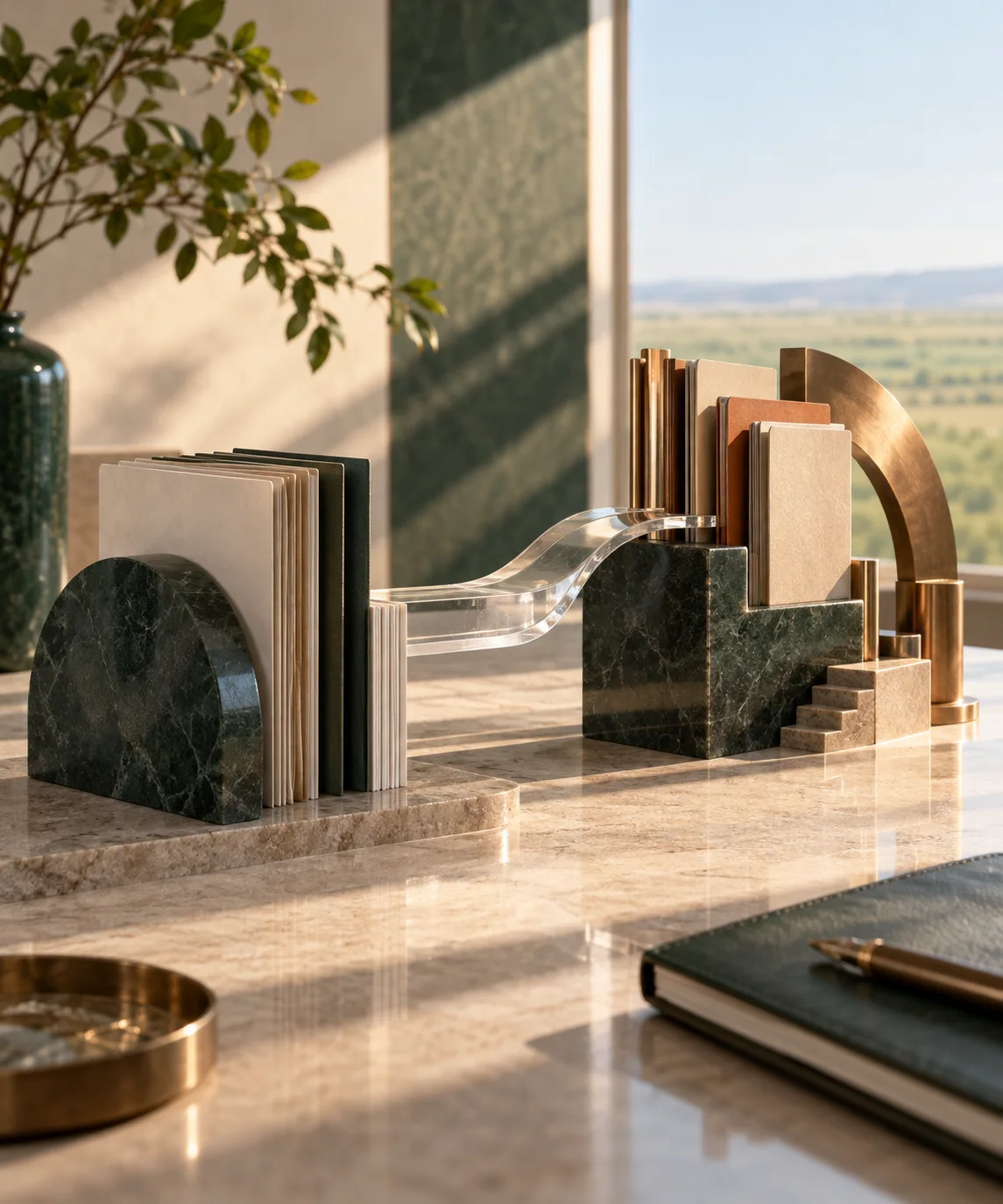 两组相互呼应的金属与纸材结构经透明承接件自然过渡,表现调整前后连贯;不用巨箭头