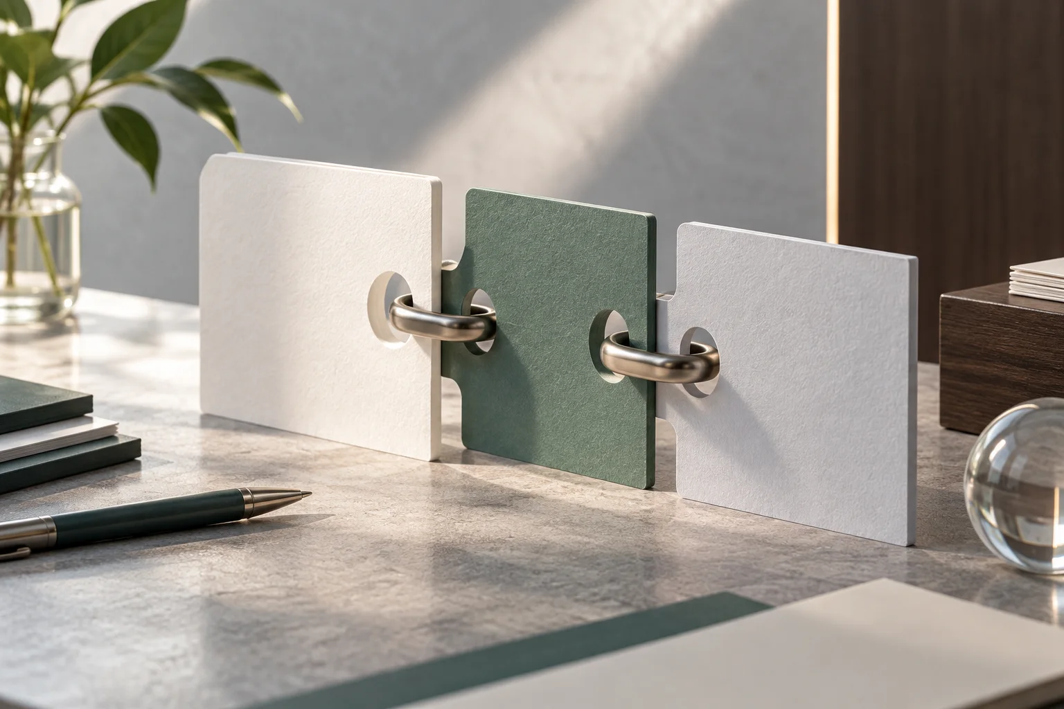 几枚真实金属连接件与纸质结构卡有序嵌合，表达企业关系调整，不画抽象人物图标