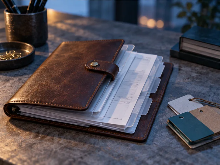 皮革册页、半透明凭证隔页和少量实物产品标签,表现业务记录与核算之间的联系