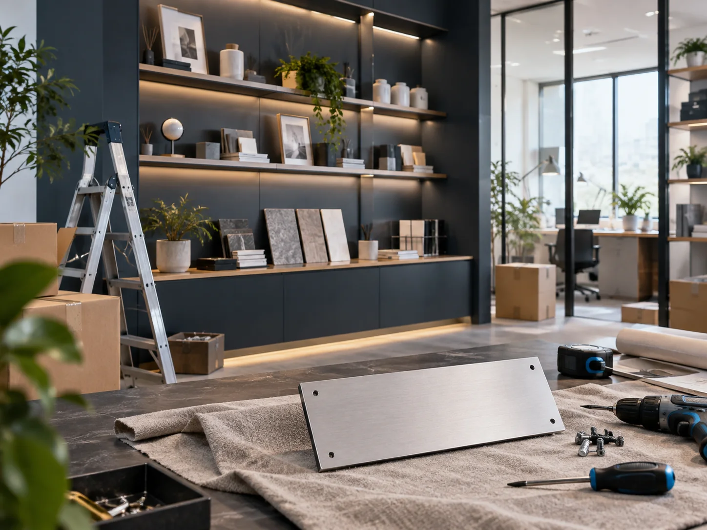 新工作室的样品展示墙刚布置好，未安装的空白门牌与工具放在前景，表达搬迁更新