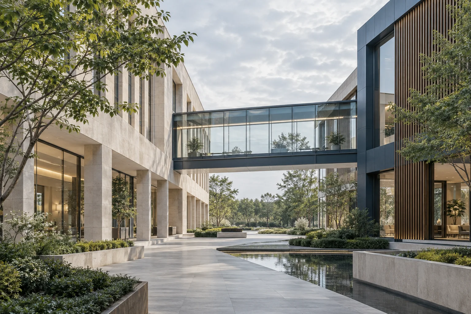 两翼不同材质的建筑通过通透廊桥相连，体量真实克制，以空间关系表达调整与协同