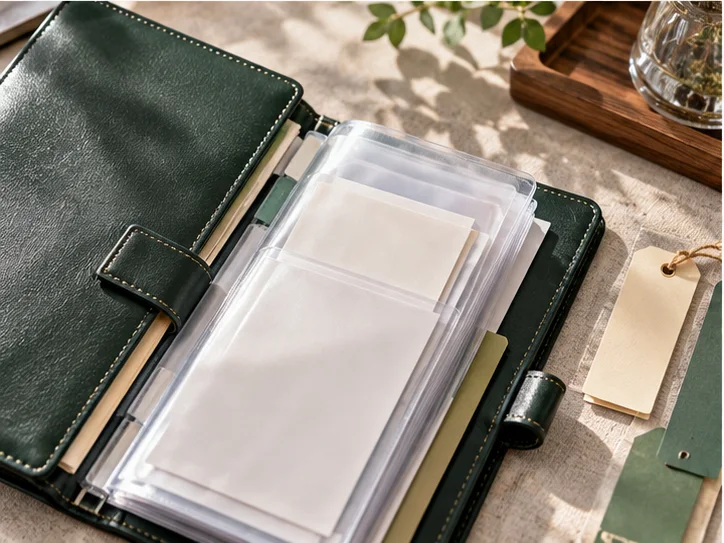皮革册页、半透明凭证隔页和少量实物产品标签,表现业务记录与核算之间的联系