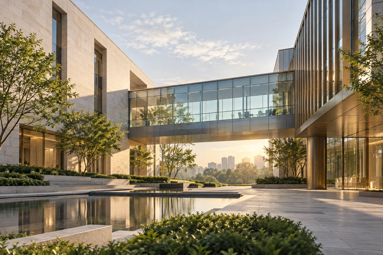 两翼不同材质的建筑通过通透廊桥相连，体量真实克制，以空间关系表达调整与协同
