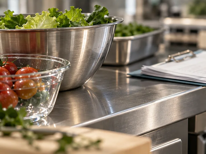 食品经营准备所用不锈钢操作台与干净玻璃食品器皿的精细接触处,背景带少量准备资料