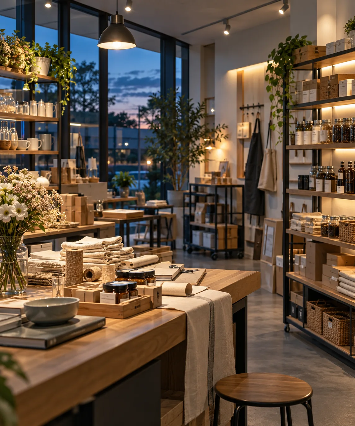 经营场所准备好的工作区与储物区，以器物陈设和有序动线表现开业准备
