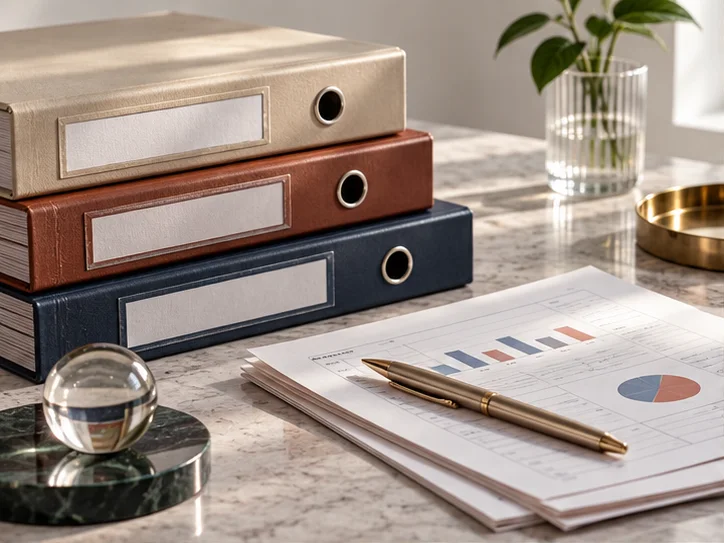 不同厚度的月度档案盒、几页轻薄报表与一支金属笔,放在石材台面上,以光影而非文字解释整理