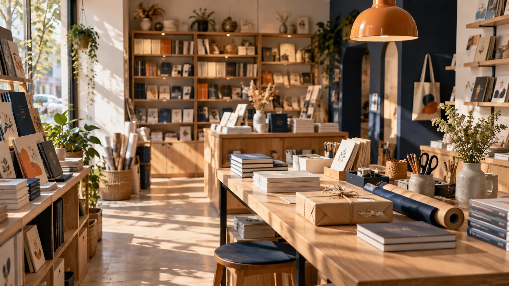 小型图书与文创门店的货架和包装区,书脊无可读文字,表现经营条件准备