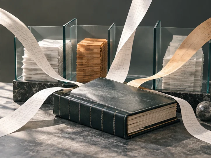几条有重量的纸质记录带从不同方向归入一本精工册页,玻璃隔层将收入、支出和存档以实体层次呈现,不出现文字数字