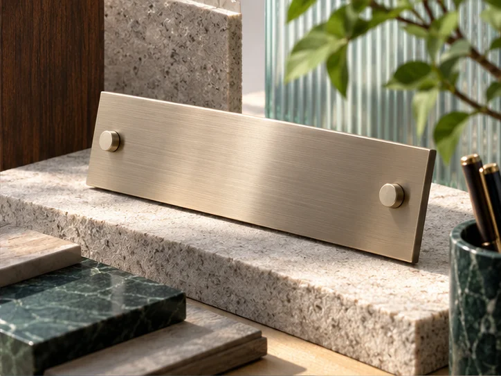 一块拉丝金属无字门牌、精细五金和石材样板，构成经营地址与名称更新的静物