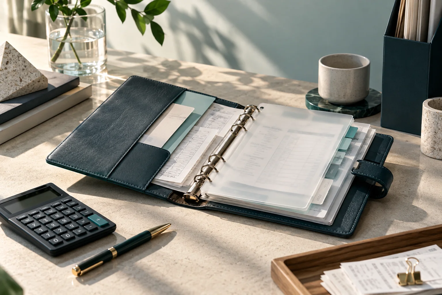 皮革册页、半透明凭证隔页和少量实物产品标签,表现业务记录与核算之间的联系
