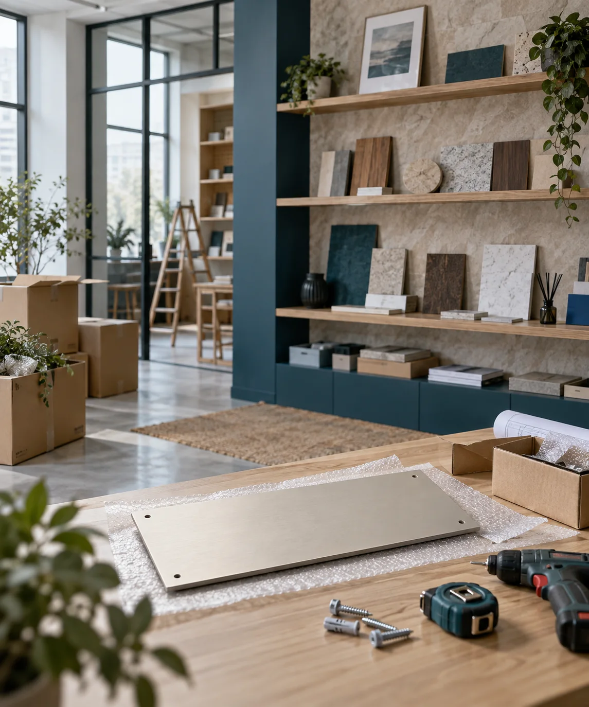 新工作室的样品展示墙刚布置好，未安装的空白门牌与工具放在前景，表达搬迁更新