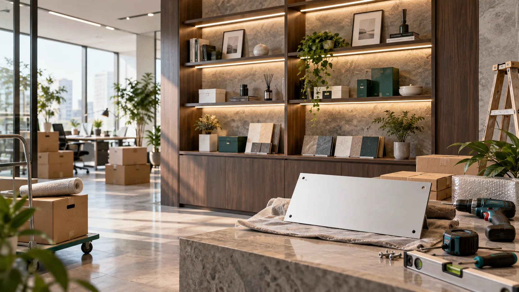 新工作室的样品展示墙刚布置好,未安装的空白门牌与工具放在前景,表达搬迁更新
