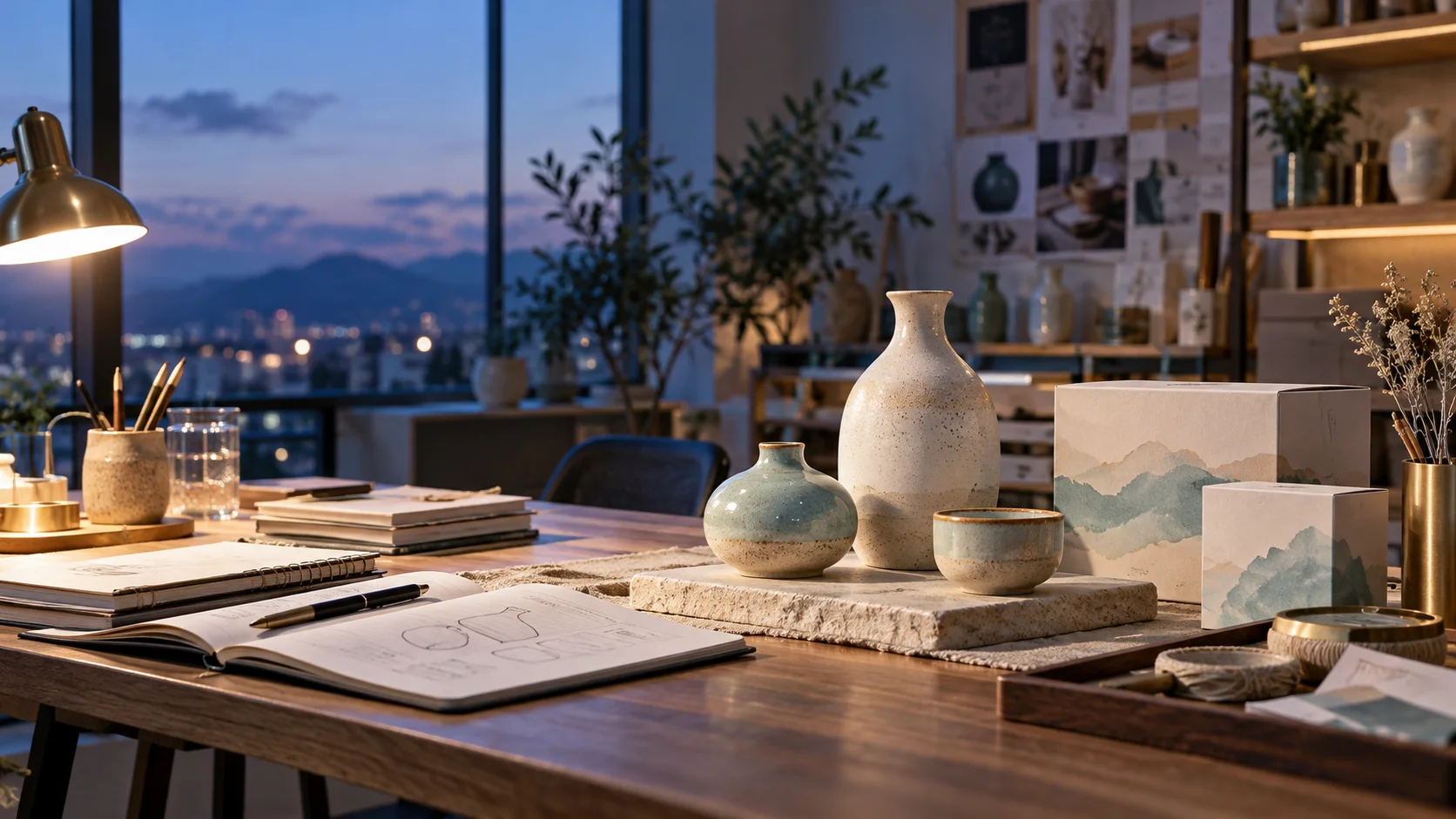 产品设计工作室的陶瓷和包装样品，旁边只有少量业务记录，账务支持产品经营的关系明确