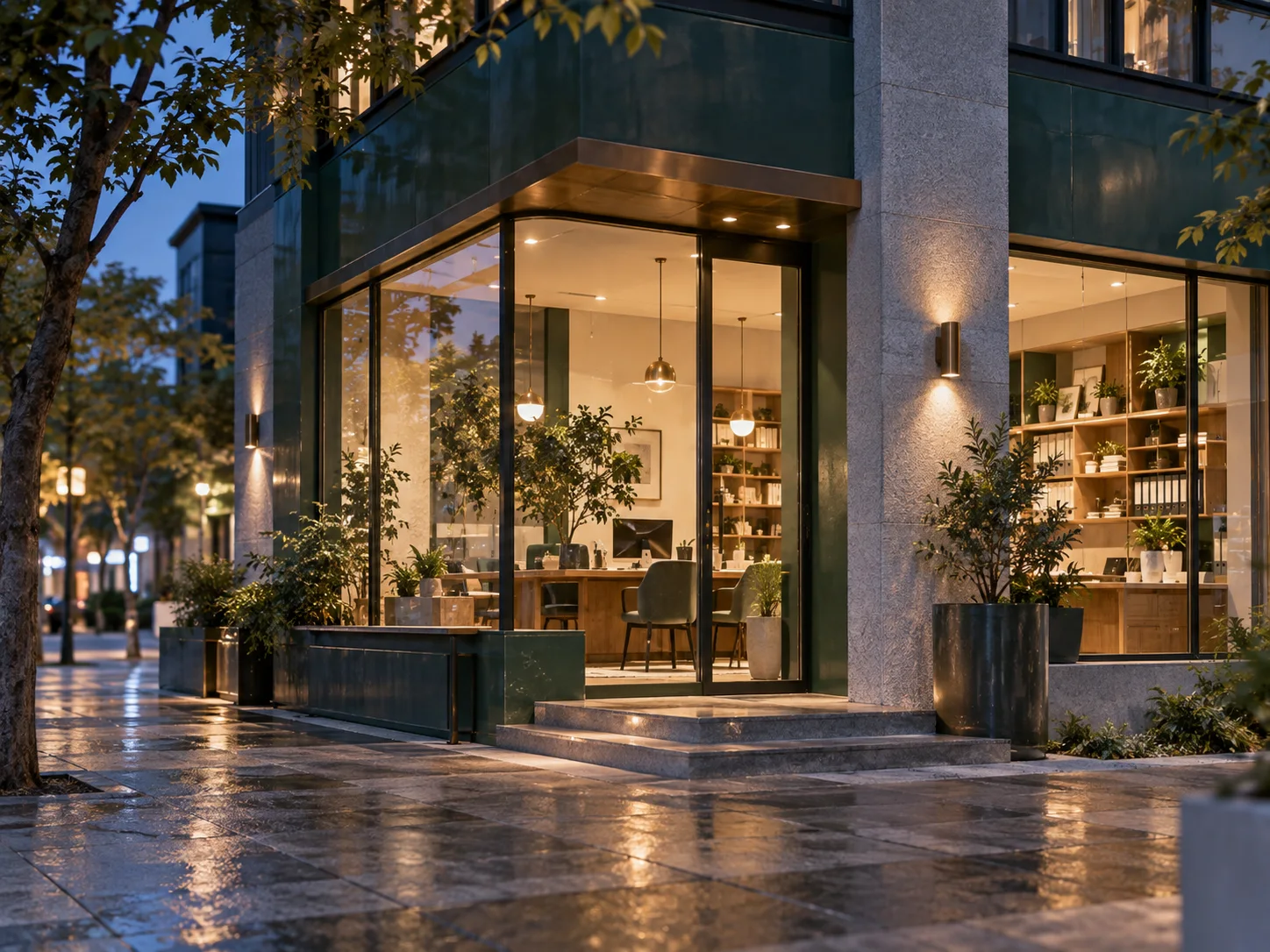通透的现代街角独立店铺，石材门廊框住温暖的陈列空间，经营日常已从容展开