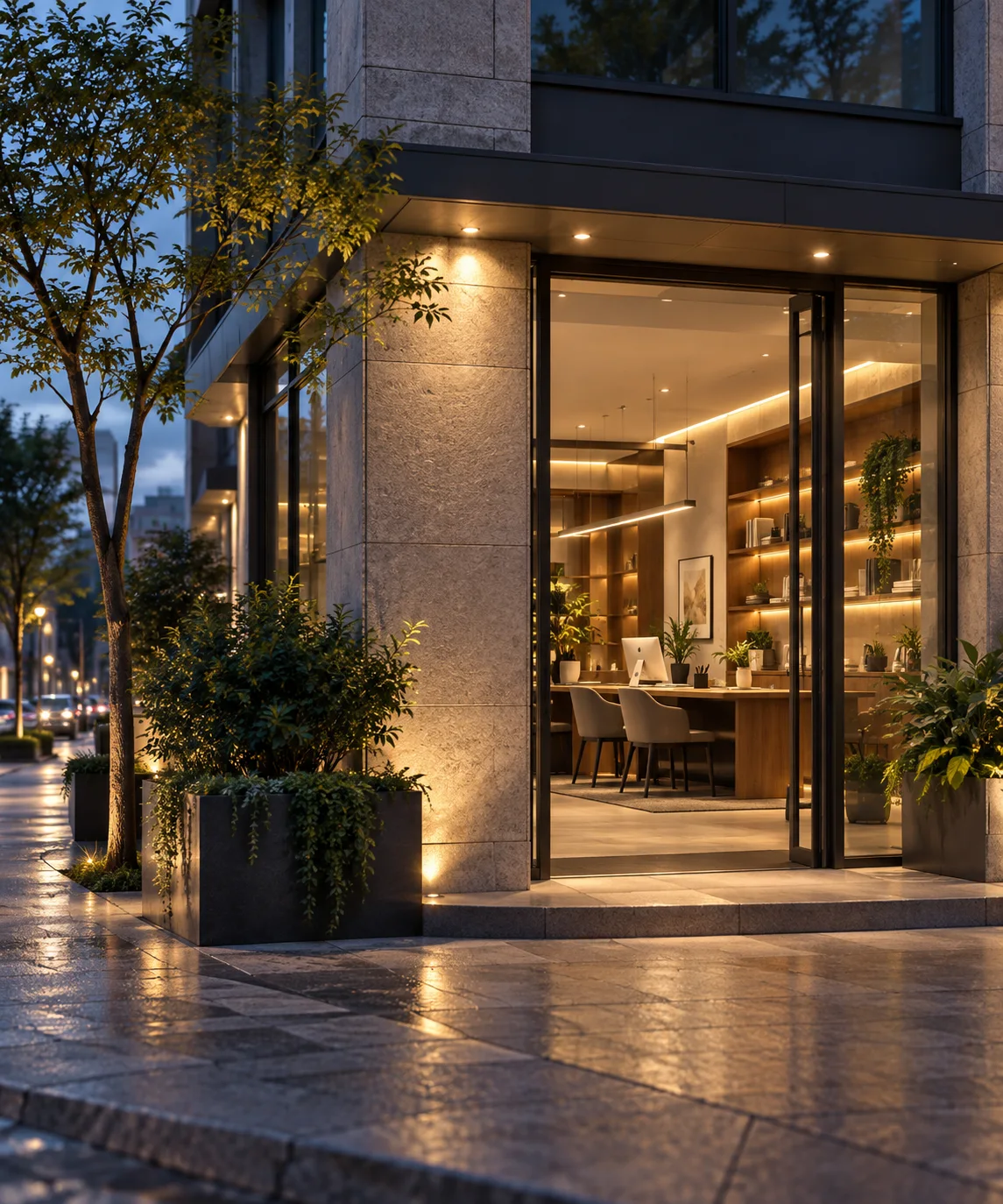 通透的现代街角独立店铺，石材门廊框住温暖的陈列空间，经营日常已从容展开