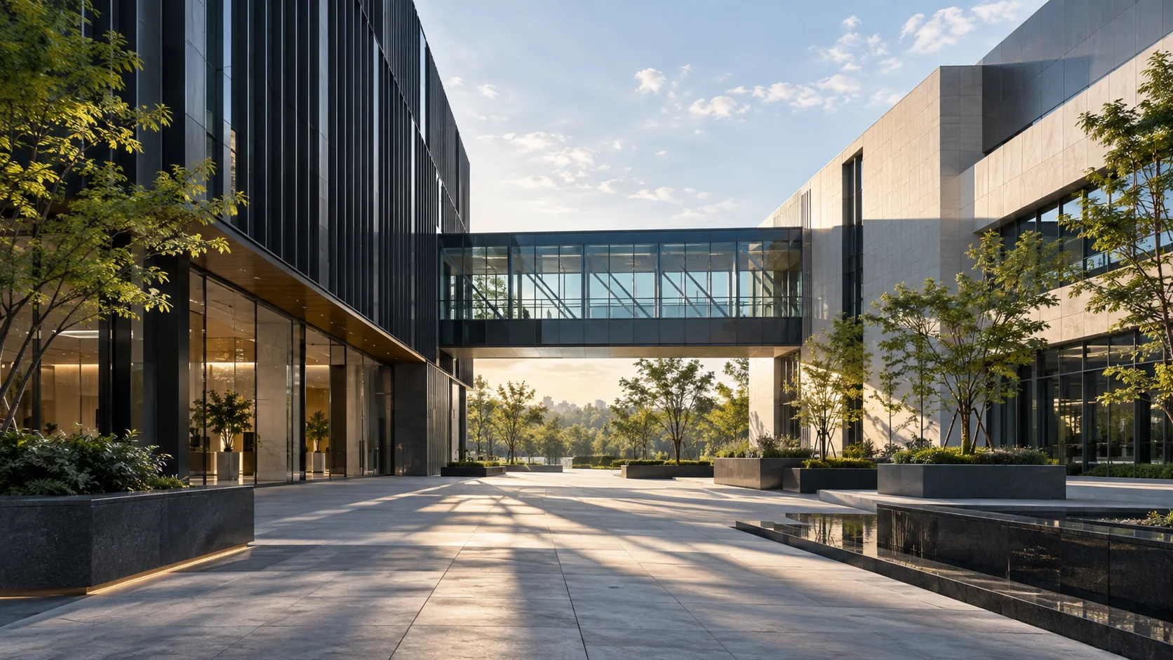 两翼不同材质的建筑通过通透廊桥相连，体量真实克制，以空间关系表达调整与协同