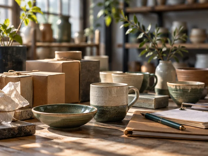 产品设计工作室的陶瓷和包装样品,旁边只有少量业务记录,账务支持产品经营的关系明确